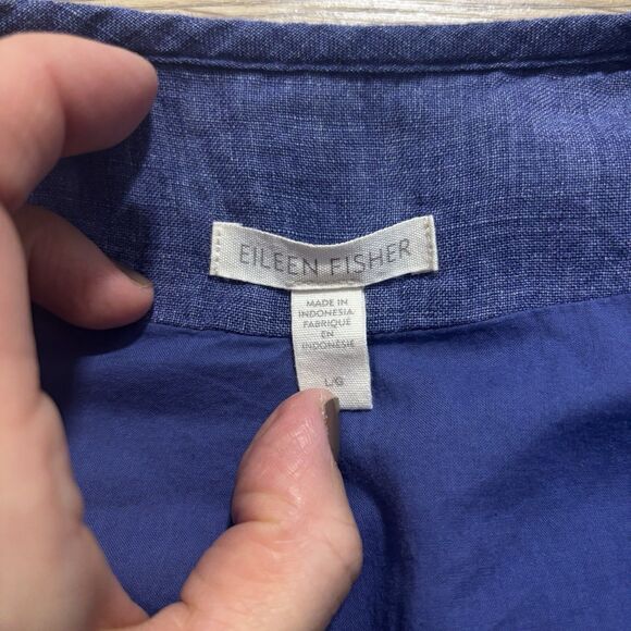 Eileen Fisher Jacket Sz Large Blue Organic Linen Delave Padded Snap Front - Picture 4 of 8